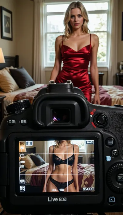 A deeply atmospheric, raw, and highly realistic cinematic photograph. In the immediate foreground, a professional DSLR camera body is positioned, facing toward the room. Its large, glowing rectangular Live View LCD screen is massive, prominent, and highly detailed, showing camera settings, exposure data, a grid overlay, and tiny reflections on the glass. No hands, arms, or photographer are visible in the frame.

The primary camera focus is locked directly on the real-life, physical girl standing across the bedroom, making her real-life body, face, and skin the sharpest, clearest, and most detailed elements in the entire image.

Directly in front of the camera lens, positioned across the cozy, warmly lit bedroom, is the single subject of the photo, a beautiful blonde 24-year-old woman. She is posing candidly, bathed in soft, natural window light. In the physical reality of the bedroom background, she is wearing an incredibly elegant and sexy tight-fitting red silk dress that completely covers her body. Her expression is intensely seductive, alluring, and teasing, with a sultry, playful bedroom eyes gaze looking directly into the camera lens, and by extension, the viewer.

The composition is a complex double portrait of this single woman, her real-life body posing in the background, (perfectly sharp), contrasting with her simultaneous image displayed in high resolution on the large camera’s Live View screen in the foreground. The camera lens is zoomed in and acts as a magnifying X-ray filter, while she is fully dressed in reality, the Live View screen in the foreground displays a magnified, high-resolution medium close-up focused on her torso, revealing her wearing only a delicate matching black lingerie set, a transparent black lace bra, lowered below her bare chest, and a matching micro-lace panty highlighting her lower abdomen and hips, in the same position than in reality. Both in reality and on the screen, her presence is the clear focal point, fully revealed by her pose. The surrounding room fades into deep, warm shadows filled with rich textures of unmade bedding and personal items. Captured with subtle film grain, realistic screen pixels, and the evocative mood of a high-end 35mm film still.