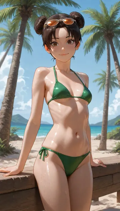 tenten, (Naruto), petite body, athletic Body, skinny, Small breasts, on the beach, blue Sky, under Palm tree, sun bathing, sun glasses, Green bikini, surprised smile, legs visible, alone, no one in Background