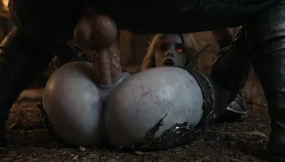 ((3d style, elf face, sylvanas windrunner from warcraft banshee, undead, worn broken black armor on the body and legs, smudged mascaraed, blue skin girle, dirty-blonde pubic hair)), (male penetrates female with penis, mating press position, close-up), sperms flow on ass and pussy, legs thrown over head, female moaning, high boots, (torn pants), glowing red eyes, <lora:dark:.1>