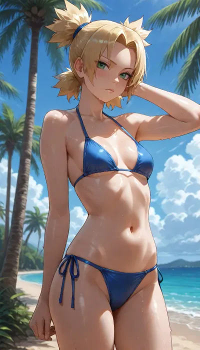Temari, (Naruto), petite body, athletic Body, skinny, Small breasts, on the beach, blue Sky, under Palm tree, sun bathing, blue bikini, legs visible, absent looking