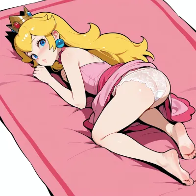 Single character, Princess Peach, lying on side, one leg lifted towards chest, Derpixon style, simple cartoon, bold black outlines, vibrant flat colors, without shading, clean lines, white background, small petite body, flat chest, long blonde hair, pink dress, blue eyes, cute innocent face, slight blush, aroused expression, full body view, maximum simplicity, clean flat coloring, no complex details, no gradients, no shine. Doggy Style with a Twist, with her blonde hair cascading down her back, is on all fours on a plush pink carpet, her pink dress hiked up, revealing her bare backside. Her blue eyes are wide with excitement, and her cheeks are flushed with a rosy hue. She's wearing a pair of white lace panties that barely cover her, and she's biting her lower lip in anticipation.
