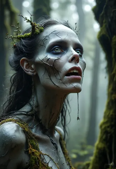 (Dark Cursed Fantasy Artwork), (smooth rendering and vibrant colors), outdoor, artistic, low angle, a 100-yo cursed forest hag emerges from a curtain of thick hanging moss, her form is a grotesque fusion of anatomy and nature, her skin resembling cracked gray bark from which tiny mushrooms sprout, she wears a garment of living cobwebs and dried peat, her face is a map of ancient malice, eyes like swirling mists, teeth of polished obsidian, slender gray-skinned claws clutch a staff of blackened rowan wood topped by an ancient skull, in the background a mist-shrouded primeval forest stretches out, ghostly dust-filled shafts of light, /KlTTY-ART/, <lora:MJ52:1>