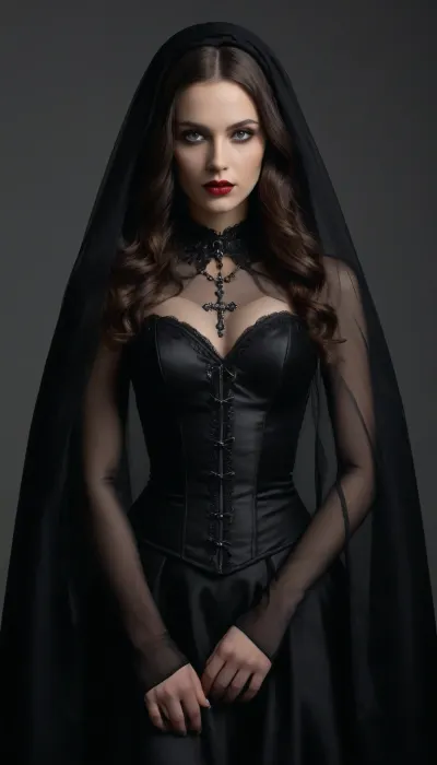 Create a high-quality, professional Gothic fashion photoshoot featuring an adult woman in an elegant black Gothic order cosplay outfit, set against a clean white studio background.
The woman wears an intricately designed black Gothic costume featuring an elegant, form-fitting bodice made of premium fabrics, glossy patent leather accents, decorative black strap details, a white Victorian-style collar with a small cross pendant, black patterned hosiery elements, and a long black veil in a mystical, nun-inspired Gothic style.
She stands confidently facing the camera, holding the long veil slightly spread out with both hands, reminiscent of a haute couture photoshoot. Her gaze is fixed directly on the camera. Her expression is calm, powerful, and mysterious, she appears elegant, self-assured, and stylish.
The woman has long, wavy dark hair beneath the veil, expressive eyes, glamorous makeup, deep red lips, and a poised, regal posture.
The style should resemble a professional fashion magazine shoot, sharp studio lighting, crisp outlines, high-quality fabric textures, realistic materials, a luxurious Gothic aesthetic, modern dark fashion, dramatic elegance, a couture costume, ultra-detailed, photorealistic, 4K, professional studio photography.