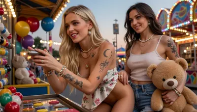 two Scandinavian women in their twenties at a lively amusement park game booth on a warm summer evening, colorful carnival lights glowing in the background, festive atmosphere, romantic date night

the blonde woman is a feminine lipstick lesbian with long golden blonde hair, bright blue eyes, fair Nordic complexion, her pussy is smoothly shaven, wearing a light floral summer dress, with neither panties nor bra, delicate makeup, and elegant layered jewelry including rings, necklaces, and bracelets. She is focused on playing a carnival game, smiling as she aims for a prize, her expression joyful and competitive

the brunette woman is a chapstick lesbian with long dark brown hair, vivid green eyes, fair Scandinavian complexion, wearing a fitted spaghetti-strap top and denim shorts, a small nose piercing, layered jewelry including rings, and bracelets, and feminine artsy spiritual tattoos decorating her arms and collarbone, including fine-line moon phases, wildflowers, sacred geometry, stars, and abstract goddess-inspired linework. She stands beside her holding a large plush teddy bear in her arms, smiling proudly and affectionately at her companion, while lifting the hem of the blondes dress exposing the blonde woman's pussy and ass

warm sunset light mixing with colorful fairground lights, authentic amusement park setting, game booth filled with prizes, balloons and stuffed animals, candid moment, natural romantic chemistry between the two women, photorealistic, highly detailed faces, realistic skin textures, vibrant colors, cinematic photography, shallow depth of field, masterpiece, ultra detailed, professional photography, summer romance, 8k