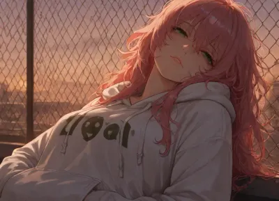 <lora:Outlined:.9>, <lora:great_lighting:.5>, masterpiece, best quality, absurdres, 1girl, solo, 22yo, (pink_hair:1.3), long_hair, (messy_hair:1.2), hair_over_one_eye, (half-lidded_eyes:1.5), (bedroom_eyes:1.3), (tired_eyes:1.2), (green_eyes:1.2), (no_eye_highlight:1.2), (simple_eyes:1.2), (visible_lips:1.4), (parted_lips:1.2), (lip_gloss:1.2), (smirk:1.1), (cigarette:1.3), (smoking:1.2), (smoke:1.1), (slouching:1.3), (leaning_back:1.3), (relaxed_pose:1.2), (arms_crossed:1.2), (head_tilt:1.2), (oversized_hoodie:1.2), hood_down, (hands_in_pockets:1.2), (rooftop:1.3), chain_link_fence, (evening:1.2), (sunset:1.2), (hard_shadow:1.3), (face_shadow:1.2), (upper_body:1.2), (from_side:1.1)