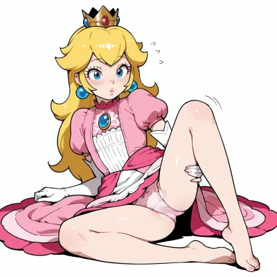 Single character, Princess Peach, lying on side, one leg lifted towards chest, Derpixon style, simple cartoon, bold black outlines, vibrant flat colors, without shading, clean lines, white background, small petite body, flat chest, long blonde hair, pink dress, blue eyes, cute innocent face, slight blush, aroused expression, full body view, maximum simplicity, clean flat coloring, no complex details, no gradients, no shine. The Cowgirl, Peach is straddling her partner, her blonde hair wild, her blue eyes filled with passion. Her pink dress is pushed up, her legs spread wide. She's wearing a pair of pink lace panties, and her face is flushed with arousal.