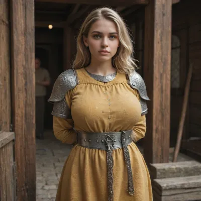 Blonde girl, German medieval knight, big breasts, wide hips, chainmail armor, yellow tunic, tunic over breasts, side breast, captured by Arabs, hands tied behind back, displayed on wooden platform, for sale, slave auction, Istanbul bazaar, high price, detailed background