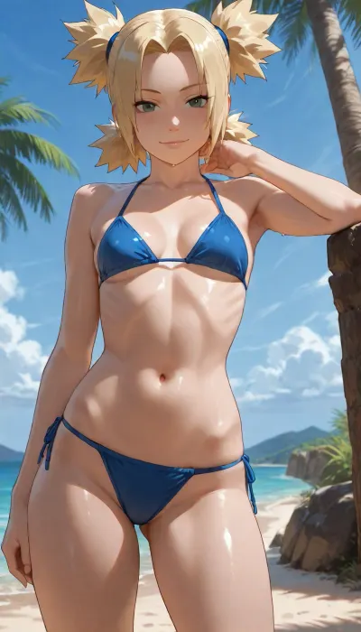 Temari, (Naruto), petite body, athletic Body, skinny, Small breasts, on the beach, blue Sky, under Palm tree, sun bathing, blue bikini, legs visible, neutral face, Patient look, faint smile