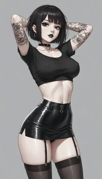 score_9, score_8_up, score_7_up, score_6_up, 1girl, gothic, goth, pale skin, (pale skin), dark black eyes, (black hair), ((lineart)), ((sketch)), strong outlines, black eyeliner, messy bangs, short hair, (black lipstick), white skin, black choker, navel piercing, pierced nipple, pierced ears, arms behind head, background is neutral black studio, studio lighting, perfect lighting, stockings, tattooed, ((nose ring)), extreme snatched waist, pencil waist, wide hips, hour glass body, perfect ass, nosering, piercings, medium boobs, tattoos, 4ng3l, face, <lora:SDXL_BetterFaces-LoRA_v1:.8>, <lora:sketch_it:.8>