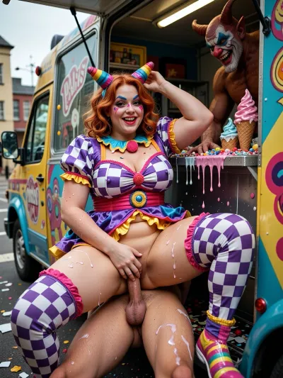 A curvy, chubby redheaded woman with a playful smile wears a vibrant clown costume featuring bold purple-and-white checkered patterns, colorful makeup, and oversized clown accessories. She is inside the open back of a brightly colored ice cream truck parked in a public setting. She is getting her vagina penetrated by a demon clown man with a massive pebis inside the truck. Melted ice cream, cones, sprinkles, and colorful toppings are spilled throughout the interior, creating a chaotic, messy scene. The truck's serving window and open rear doors reveal the colorful interior, contrasting the whimsical carnival aesthetic with the intimate encounter. Highly detailed, vibrant colors, cinematic lighting, realistic textures, dynamic composition, high-resolution., (Make sure to show penis entertaining vagina)
