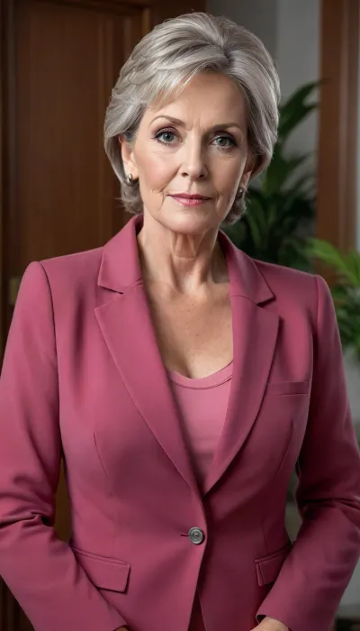 (mature:1.7), (aged gilf:1.5), The image shows a well-dressed, middle-aged woman with a confident yet friendly expression, looking directly at the camera. She is wearing a light burgundy suit — a blazer and matching skirt — with a pink top underneath. Her hair is neatly tied back, and her makeup is natural and subtle.

The background appears to be an elegant indoor setting, likely an office or hotel, with plants and wooden doors visible. The overall impression is professional, refined, and sophisticated.