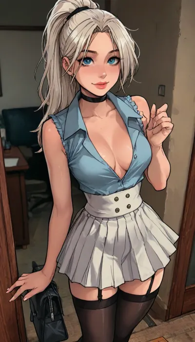 (1 girl solo), ((1 girl)), white hair, long hair ponytail, (big lips), ((Insanely hot skinny college student)), (sexy abs:1.2), (slight smile), (white sneakers), (clubfoot:1.3), (athletic body:1), ((white pleated micro skirt)), (hip gap:1.4), (narrow waist:1.5), (erected nipples:1.1), ((perky medium tits)), (horny face), (black choker), (cleavage), (view from above:1.1), ((black stockings)), garter belt, long legs, (student outfit), (Dressed like a student), ((Melkor mancin meet markgavatino style)), reiq style, ratatatat74, SamDoesArts, <lora:LCMTurboMix_Euler_A_fix:1.1>, <lora:ratatatat74-000050:1.8>, <lora:mk_Bp Anime_xl:1.2>, <lora:焦茶_XL:2>, <lora:SDXLSamDoesArts:1.6>