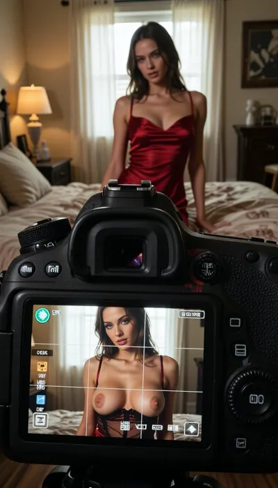 A deeply atmospheric, raw, and highly realistic cinematic photograph. In the immediate foreground, a professional DSLR camera body is positioned, facing toward the room. Its large, glowing rectangular Live View LCD screen is massive, prominent, and highly detailed, showing camera settings, exposure data, a grid overlay, and tiny reflections on the glass. No hands, arms, or photographer are visible in the frame.

The primary camera focus is locked directly on the real-life, physical girl standing across the bedroom, making her real-life body, face, and skin the sharpest, clearest, and most detailed elements in the entire image.

Directly in front of the camera lens, positioned across the cozy, warmly lit bedroom, is the single subject of the photo, a beautiful 24-year-old woman. The composition allows for any framing of her, ranging freely from a tight, intimate portrait to a full-length shot. She is posing candidly, bathed in soft, natural window light. In the physical reality of the bedroom background, she is wearing an incredibly elegant and sexy tight-fitting red silk dress that completely covers her chest. Her expression is intensely seductive, alluring, and teasing, with a sultry, playful bedroom eyes gaze looking directly into the camera lens, and by extension, the viewer.

The composition is a complex double portrait of this single woman, her real-life body posing in the background, (perfectly sharp), contrasting with her simultaneous image displayed in high resolution on the large camera’s Live View screen in the foreground. The camera lens is zoomed in and acts as a magnifying X-ray filter, while she is dressed in reality, the Live View screen in the foreground displays a magnified, high-resolution close-up focused exclusively on her chest, revealing her wearing only a transparent black lace bra that beautifully, clearly, and explicitly exposes her bare breasts, and nothing else. Both in reality and on the screen, her presence is the clear focal point, fully revealed by her pose. The surrounding room fades into deep, warm shadows filled with rich textures of unmade bedding and personal items. Captured with subtle film grain, realistic screen pixels, and the evocative mood of a high-end 35mm film still.