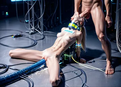 indoors, (hi-tech whores carnival:1.3), (young sexy skinny woman), (very fixed:1.5), (very restrained in white bdsm device:1.7), (arms restrained behind:1.4), (legs slightly apart:1.3), (in machine:1.5), (restrained:1.5), (very short bulging throat:1.3), ((body thrown back low to floor:1.6)), ((man fucking her throat:2)), (to pubis:1.6), ((skinny boy fucking her large very short throat with his real penis:1.7)), (breathtaking very beautiful petite girl:1.6), (model cutie:1.5), (perfect:1.7), (anorexic:1.6), ((slender very skinny body:1.7)), ((small extreme thin micro waist:1.9)), (very short low pelvic:1.7), (wide shoulders:1.5), ((visible very wide extreme protruding rib cage:1.8)), (sits on glowing dildo totally inserted deep in pussy:1.6), (a lot of white cum leaks out of her pussy:1.5), (blond smooth silky long hair ponytail:1.4), ((firm perky silicone full spherical perfect enlarged breasts:1.7)), (breasts spread wide apart:1.6), (very beautiful:1.5), (gorgeous:1.5), (sexy:1.4), (erect nipples:1.2), (nipple ring piercings:1.3), ((glowing white massive very oversized electronic collar device around very short throat:1.7)), (cables to throat device:1.6), (shaved pussy:1.3), (tattooed body:1.5), (tattoo:1.3), (stunning:1.3), (barcode on boob:1.4), (skinny beautiful athletic tall man with abs stands on floor and fucking her throat:1.6), (advanced technologies), (uniform lighting:1.1), (panoramic windows:1.1), <lora:Microwaist_XL_v01:2>, <lora:sexmachine_XL_0_:.5>