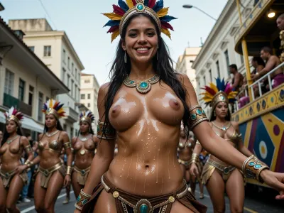 A highly detailed, photorealistic film scene—a full-body shot at the Rio Carnival featuring many costumed female dancers and parade floats, viewed from a low angle, a 22-year-old Brazilian woman with long hair and a full bust, wearing a traditional costume, headdress, and body ornamentation, her body is glistening with sweat as she dances with the others in the street in front of the floats, she has a happy expression and is smiling, exceptionally detailed skin texture, soft, cinematic lighting, shallow depth of field, razor-sharp focus, natural film grain, and an extremely high level of detail.