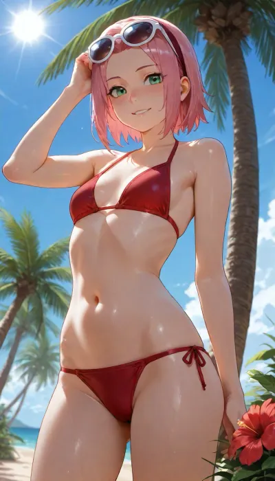 Sakura Haruno, petite body, athletic Body, skinny, Small breasts, on the beach, blue Sky, under Palm tree, Standing in the sun, sun shining on belly, sun glasses, Red bikini with flowers, smiling