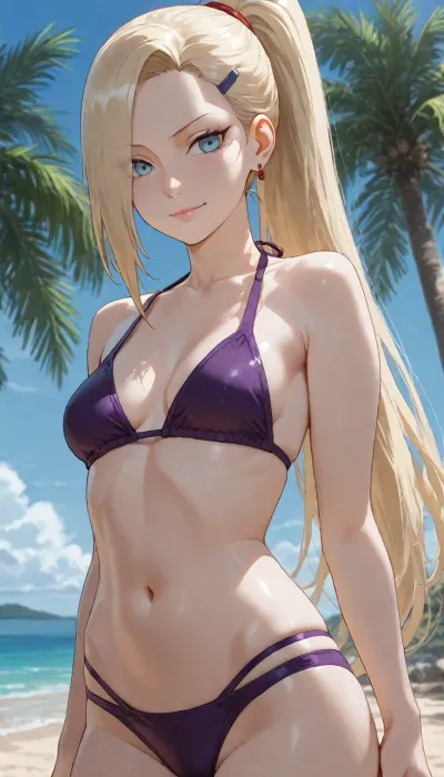 Ino yamanaka, (Naruto), (platinum blonde hair, long sleek high ponytail falling past the waist, straight hair, anime style), (striking light blue eyes, sharp and confident expression, slender jawline, pale clear skin, thin delicate eyebrows, right eye completely hidden behind long blonde bangs, anime face style), petite body, athletic Body, skinny, Small breasts, on the beach, blue Sky, under Palm tree, Standing in the sun, sun glasses, purple bikini, smiling, yamanaka, ino, hair, over, one, eye, ponytail, hairclip, blue, eyes, earrings, <lora:naruto_inoyamanaka_xl:.8>