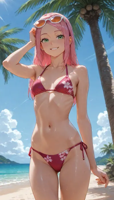 Sakura Haruno, Long Hair, petite body, athletic Body, skinny, Small breasts, on the beach, blue Sky, under Palm tree, sun bathing, sun glasses, bikini, smiling