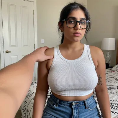 From first person POV perspective. You are alone in your bedroom with a classmate named Priya. She's a cute chubby south indian girl with a busty curvy body. Her Dark brown melanin rich skin stands in contrast to your white skin and fair complexion. She's slightly nerdy and into alternative music. You stand near her as she sits on your bed. Your hand is reaching down to caress her her shoulder. She looks a little shocked and worried. She is frozen with her arms down by her sides. Her hands are empty. Priya thought you invited her over to study. She wears a white ribbed tank top and high waisted jeans. Black frame glasses and her hair tied back. She has a few simple tattoos.