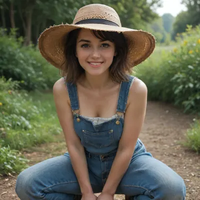 ultra realistic, high details, 4k, high detailed textures, 27yo shepherdess, cute, natural, brouwn hairs, realistic face, realistic body, smile face, overalls, no bra, round tits, straw hat, curves, downblouse, meadow, squatting, petting a sheep, sunlight, sheeps background