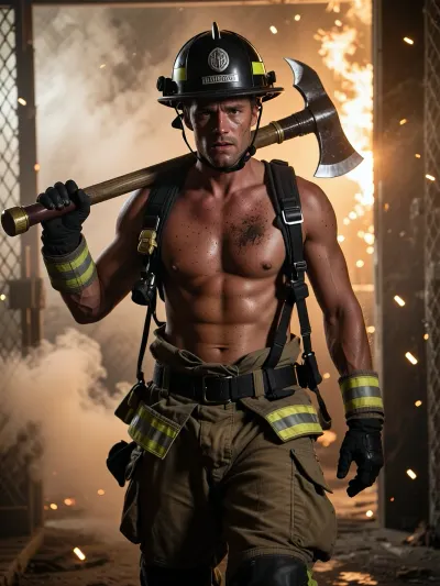 striking, cinematic live photo of an attractive and rugged male firefighter walking out of a smokey, atmospheric scene. He is carrying a heavy-duty fire axe over a broad shoulder. Full heavy firefighting gear, helmet on his head, intense determined expression, smudges of ash and dirt on his strong face. Backlighting with warm glowing embers and sparks in the air. Photorealistic, documentary style, ultra-sharp focus, shot on Canon EOS R5, dynamic angle, high contrast, vivid details.