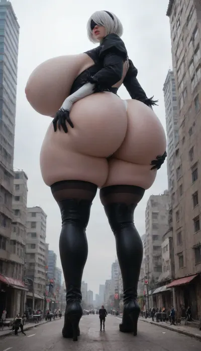 ((((Huge gigantic breasts)))), heavy breasts, saggy breasts, view from the sky, view from above, ((((huge ass)))), ass squished, leotard, yorha 2b, ass focus, (huge hips), small waist, huge thighs, hands away, thigh high black leather boots, giantess, giant, huge woman, ass overflowing from the building, taller than buildings, towering over the city below, <lora:type2B_XL_0_:1>, <lora:2b_nier_automata:1>, <lora:2B_Nier_Automata_1024:1>, <lora:gtsXL7:1.5>