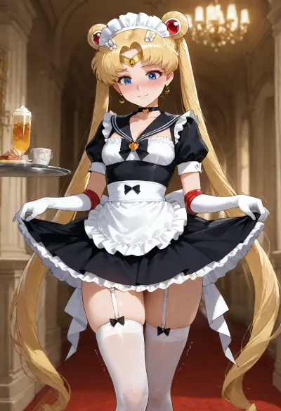 masterpiece, best quality, ultra detailed, highres, absurdres, detailed hentai illustration, anime style, expressive eyes, clean linework, vibrant colors, sailor moon, tsukino usagi, 20 years old adult woman, petite slim figure, small breasts, narrow hips, slim waist, long slender legs, fair skin, blonde hair in odango buns with long flowing pigtails, blue eyes, golden tiara with red gem, wearing sexy maid costume — black dress with white frilly apron, deep cleavage, very short black skirt with white trim, white thighhigh stockings with garter, white maid headpiece, black high heels, standing gracefully in elegant pose holding silver serving tray with both hands, short skirt slightly lifted by movement, guilty apologetic expression, big sad puppy eyes looking down and sideways, heavy blush, slightly trembling lips, embarrassed smile, soft warm indoor lighting, luxurious bedroom background, cinematic lighting, sharp focus, intricate details, (small breasts:1.25), (narrow hips:1.2), (maid outfit:1.15), aausagi, long, hair, double, bun, twintails, parted, bangs, tiara, earrings, blue, eyes, red, choker, sailor, collar, bow, white, shirt, elbow, gloves, skirt, ornament, heart, see-through, multicolored, forehead, mark, wings, brooch, puffy, short, sleeves, yellow, layered, <lora:sailor_moon_animaginexl_v1:.8>