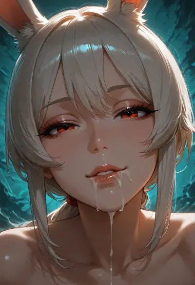 1girl, human lola rabbit, sidelocks tied back, solo, smiling, abstract background, aqua background, lips, looking at viewer, seductive, half-closed eyes, cum dripping from side of her mouth, <lora:SDXL high detailed. LoRA_SDXL_ARW_0010:1.5>, <lora:add-detail-xl:1.9>, <lora:dark:1.4>, <lora:Jeweled eyes-NAI:2>, <lora:SDXL Detail:1.3>