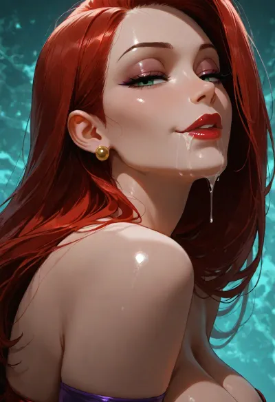 1girl, jessica rabbit, sidelocks tied back, solo, smiling, abstract background, aqua background, lips, looking at viewer, seductive, half-closed eyes, cum dripping from side of her mouth, <lora:SDXL high detailed. LoRA_SDXL_ARW_0010:1.5>, <lora:add-detail-xl:1.9>, <lora:dark:1.4>, <lora:Jeweled eyes-NAI:2>, <lora:SDXL Detail:1.3>