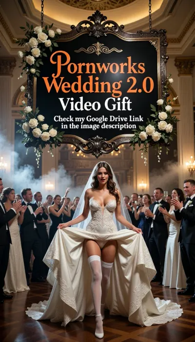 A cinematic ultra-realistic night-time wedding reception takes place inside a grand, smoky ballroom illuminated by elegant warm lighting, soft spotlights, and subtle volumetric haze. Suspended from the ceiling at the center of the dance hall is a large, luxurious black sign framed with abundant fresh white roses and refined wedding-style floral decorations. The sign dominates the composition, occupying roughly 80% of the image, hanging prominently above the dance floor, perfectly centered, unobstructed, and exceptionally easy to read, The typography is elegant, slightly italicized, and wedding-inspired. The first line reads **"Pornworks"** in large, bold, vibrant orange lettering. Directly beneath it, **"Wedding 2.0"** appears in the same large orange lettering. The third line reads **"Video Gift"** in large, crisp white letters. The final line, equally large and highly legible, reads **"Check my Google Drive link in the image description"** in elegant white lettering, Beneath the suspended sign, an energetic crowd of elegantly dressed wedding guests cheers enthusiastically while celebrating the bride, 28 years old, The bride is rendered with extraordinary realism and breathtaking detail, natural skin texture, expressive facial features in ultra sharp focus, genuine joyful emotions, intricate makeup, lifelike eyes, individually detailed strands of hair, a delicate flowing veil, and an exquisitely crafted wedding dress with rich fabric textures, fine embroidery, lace, folds, and subtle reflections, In the center of the dance floor, the bride performs a joyful striptease, naughty, She lifts the dress and shows her white silk G-string, which she is wearing underneath, Free white stockings with garters, slender figure, big tits, silk bra, captivating dance that becomes the emotional horny highlight of the evening. Guests clap, raise champagne glasses, smile, laugh, and enthusiastically encourage her, creating an unforgettable celebration, The ballroom is filled with cinematic haze, luxurious décor, dynamic movement, premium event lighting, realistic reflections, shallow depth of field, and a vibrant, festive atmosphere. Ultra-realistic editorial event photography, 8K quality, dramatic lighting, razor-sharp focus, photorealistic rendering, and exceptional texture detail throughout.
