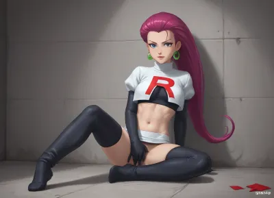 anime-style image of the character Jessie, a member of the famous villainous organization Team Rocket from the pokémon franchise .

She has her characteristic long, voluminous hair in magenta, (or pinkish-red), color, shaped into a large back curve. Her eyes are blue, she wears spherical hoop earrings in green color and displays a confident expression, with a slight sarcastic smile on her face.
Wears the classic Team Rocket uniform, a white turtleneck crop top with the red letter "R" emblazoned across the chest.
Under the top, she wears a black short blouse that leaves the abdomen area fully exposed.
Sit on the floor, self masturbating.
At the bottom, she wears a low-waisted white microskirt.
The look is completed by long black gloves that go up to the arms and high black stockings that cover the thighs, (thigh-high style), She is leaning against a gray-green textured concrete or metal wall, which has some cracks and screw marks, suggesting an industrial environment, hiding place or alley.
The lighting is directional, coming from the upper left corner, creating marked shadows on the wall and highlighting the silhouette and defined musculature of his abdomen., skirtlift, <lora:skirtlift_xl:.8>