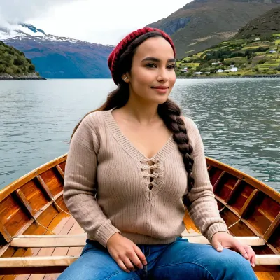 28 year old Chilean woman, Latina skin tone, ordinary but pretty face and body, black eyes and hair, ((wide and tall forehead)), moles and skin imperfections, thick jaw line and some neck fat, self-confident smile, empowered and playful, regular curvy body, braided hair and brown simple lace, from Chiloe, (wearing a thick woolen gray sweater), dark red and brown woolen beanie, gorro de lana, blue jeans, rowing on a rustic wooden boat in the middle of fjords and islands in the southern part of Chile, Patagonia, (both hands grabbing rows:1.6), pulling rows back, sitting in front of viewer, ((body posture and torso facing the camera)), head turning around, face looking back to the sea, checking surroundings, she is taking his lover for a boat trip with the intention to get sexual with viewer, cloudy sky, threatening rains, small sea waves, photorealistic, sea billowing, (foggy vision:.7), cold atmosphere, Nikon, 8k, outdoors, nature