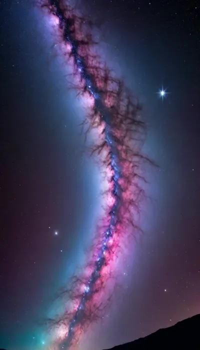 A stylized Milky Way band down the spine in deep blue-violet with scattered star points, nebula swirls in pink and teal spreading outward.
