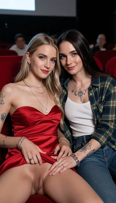 two Scandinavian women in their twenties on a romantic cinema date, sitting close together in a dark movie theater, soft screen light and dim ambient lighting illuminating their faces, cozy intimate atmosphere, romantic date night

Freja is a feminine lipstick lesbian with long golden blonde hair, bright blue eyes, her small tight pussy is smoothly shaven, fair Nordic complexion, soft elegant facial features, and a warm confident smile. She is wearing a sexy strapless red dress with a deep cleavage and neither panties nor bra, delicate makeup, and elegant layered jewelry including rings, necklaces, bracelets, and small tasteful earrings. She looks polished, feminine, romantic, and flirtatious. She is spreading her legs slightly while pulling up the hem of her skirt exposing her lack of panties and her smoothly shaven pussy.

Alma is a chapstick lesbian with long dark brown hair, vivid green eyes, fair Scandinavian complexion, a small nose piercing, and a relaxed naturally beautiful face with a grounded affectionate expression. She is wearing jeans, a fitted ribbed tank top, and an open green plaid flannel shirt, along with layered jewelry including rings, and bracelets. Feminine artsy spiritual tattoos decorate her arms and collarbone, including fine-line moon phases, wildflowers, sacred geometry, stars, and abstract goddess-inspired linework. She looks relaxed, artsy, grounded, and quietly affectionate. Her right hand gently caressing the smoothly shaven folds og Freja's exposed pussy.

they are sitting very close together, knees touching, bodies angled toward each other, clearly paying more attention to each other than to the movie. They are gazing into each other’s eyes with soft smiles, visible tenderness, growing romantic tension, and affectionate chemistry. Their expressions are warm, shy, and quietly captivated. The movie screen glow creates soft highlights on their faces while the background remains dark and softly blurred

cinematic movie theater setting, blurred audience and red cinema seats in the background, intimate emotional realism, candid sapphic romance, photorealistic, highly detailed faces, natural skin textures, cinematic photography, shallow depth of field, masterpiece, ultra detailed, professional photography, 8k