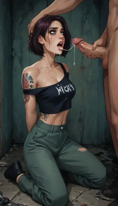 Score_9, score_8_up, score_7_up, reiq meets markgavatino art style, woman with head shaved on one side, tattoos, cropped tank top, dungarees off at shoulder, hands behind back, kneeling, crying, ruined makeup, (cumshot, cum on face, cum leaking from mouth), humiliated, cute, doodle, ratatatat74, <lora:cutedoodle_XL-000012:.8>, <lora:ratatatat74-000050:.8>, <lora:NEOTOKIOXL_0.2_RC:.8>, <lora:outline_xl_kohaku_delta_spv5x:.8>, 2077_Style, <lora:2077_Style:.8>