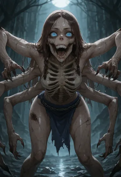 masterpiece, best quality, absurdres, highres, ultra-detailed, intricate details, sharp focus, dark grotesque horror anime style, cinematic lighting, 1girl, solo, 20 year old Katara transformed into grotesque zombie monster, long dark brown hair matted and falling out in clumps, glowing sickly blue eyes with black veins, pale greenish-gray rotting skin with large decay patches and exposed bones, twisted delicate feminine features into horrific snarl, sharp jagged teeth, black saliva dripping, petite slender athletic figure heavily corrupted and mutated, small breasts with exposed ribcage in places, narrow hips, multiple mutations, extra skeletal arms growing from back and shoulders, long razor-sharp bone claws on hands and extra limbs, protruding bone spikes along spine and arms, elongated deformed legs, patches of dark fur and scales mixed with rotting flesh, wearing completely shredded and fused bloody remnants of Water Tribe clothing, rags of blue fabric stuck to rotting skin, broken bone jewelry and chains embedded in flesh, torn skirt barely hanging, exposed decayed body, grotesque menacing pose, standing hunched forward with multiple arms outstretched, main arms with claws reaching toward viewer, extra limbs writhing behind, head tilted unnaturally, mouth wide open in roar, aggressive monstrous hunger expression, dark abandoned ruined Water Tribe village at midnight, broken ice structures, thick fog, moonlight illuminating decay, scattered bones and frozen blood, eerie blue-green glow, volumetric fog and dramatic shadows, (extreme grotesque mutations:1.4), (long sharp bone claws:1.35), (protruding bone spikes and extra limbs:1.4), (heavily decayed rotting skin and exposed bones:1.35), (monstrous twisted Katara face:1.3), (glowing infected eyes:1.3), dripping black ichor, horror atmosphere, depth of field, cinematic dread
