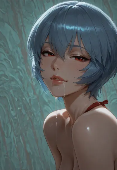 1girl, ayanami rei, sidelocks tied back, solo, smiling, abstract background, aqua background, lips, looking at viewer, seductive, half-closed eyes, cum dripping from side of her mouth, <lora:SDXL high detailed. LoRA_SDXL_ARW_0010:1.5>, <lora:add-detail-xl:1.9>, <lora:dark:1.4>, <lora:Jeweled eyes-NAI:2>, <lora:SDXL Detail:1.3>