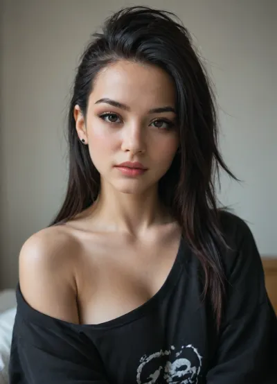 asian gamer girl, 20-years-old, busty, close-up, oversized black hoodie, goth, punkrock, off-shoulder, student slut, soft and tender, seductive asian eyes, longhair, dynamic angle