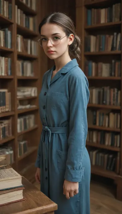 modest librarian with grey ponytails and round glasses, small nose, puffy lips, pointed chin, she wears a blue working robe on skinny bare body, she's looking as a simpleton but she has a very clever grey eyes, she's standing behind library counter surrounded by piles of books