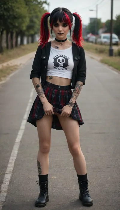 ((18 years old)), ((emo girl:1.9)), English, Beautiful, cute looking, happy face, eye contact, black hair, top pulled up to show breasts, pigtails, perfect firm breasts, long legs, athletic, legs spread wide, ((lifting skirt up)), hairy pussy, tattoos, white socks, colorful skirt, choker, black Dr Martens boots, stood up, looking forward, front view, on a road, master piece, photo realistic, best quality