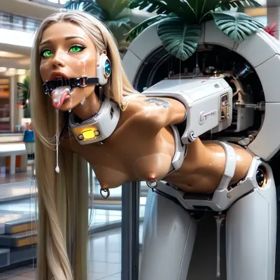 outdoors, (crowded shoulder of a white mall:1.3), side, (narrow innocent looking face:1.5), (light very white high-tech sci-fi bdsm machine:1.7), ((white machine up to height of breast:1.8)), (young beautiful petite girl:1.7), (((girl is stuck leaning forward in a small horizontal hole with bdsm light machine:1.6))), ((lower body hidden to breasts into small horizontal machine:1.7)), (arms behind in machine:1.7), (((stuck from small horizontal rim machine:1.6))), ((electronic mouth spreader ring gag:1.7)), (very wide open mouth:1.6), ((model cutie:1.8)), (perfect:1.5), (slender fit skinny:1.6), (small thin waist:1.3), (tattooed wide shoulders:1.4), (clear narrow detailed perfect eyes:1.6), (looks up:1.3), (perfect lips), ((very long wide smooth light white tongue out down:1.7)), ((round tongue's end:1.6)), (piercing on center of tongue:1.3), (cum flows out from mouth:1.7), (cum on face:1.3), (light glowing massive very oversized electronic collar device around very short throat:1.6), (blonde smooth silky long hair:1.5), (firm perky implanted medium breasts:1.5), (her boobs is spread apart:1.6), (tan fair very oiled skin:1.6), (very beautiful perfect face:1.7), thin beautiful eyebrows, (very gorgeous:1.5), (sexy:1.4), (nipple ring piercings:1.4), (satisfied:1.6), (tattoo:1.3), (seductive sexy makeup:1.5), (long black eyelashes:1.4), lipstick, (stunning:1.3), (dimples on cheeks:1.4), (paradise island:1.3), (palm trees:1.2), (bright day:1.5), (masterpiece:1.1), <lora:skinny11:.5>, <lora:Microwaist_XL_v01:1.5>