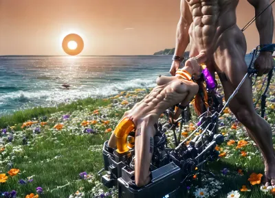 outdoors, (ocean white shore of paradise island:1.5), young sexy woman, (very fixed:1.5), (very restrained in white bdsm device on platform:1.7), (arms restrained behind:1.4), (legs slightly apart:1.3), (in machine:1.5), (restrained:1.5), (very short bulging throat:1.3), ((body thrown back low to lawn:1.6)), ((man fucking her throat:2)), (to pubis:1.6), ((skinny boy fucking her large very short throat with his real penis:1.7)), (breathtaking very beautiful petite girl:1.6), (model cutie:1.5), (perfect:1.7), (anorexic:1.6), ((slender skinny body:1.7)), ((small extreme thin micro waist:1.9)), (very short low pelvic:1.7), (wide shoulders:1.5), ((visible very wide extreme protruding rib cage:1.8)), (sits on glowing dildo from platform totally inserted deep in pussy:1.6), (white cum leaks out of her pussy:1.5), (blond smooth silky long hair ponytail:1.4), ((firm perky silicone full spherical perfect enlarged breasts:1.7)), (breasts spread wide apart:1.6), (very beautiful:1.5), (gorgeous:1.5), (sexy:1.4), (erect nipples:1.2), (nipple ring piercings:1.3), ((glowing white massive very oversized electronic collar device around very short throat:1.7)), (cable to throat device:1.6), (shaved pussy:1.3), (tattooed body:1.5), (tattoo:1.3), (tan oiled skin:1.3), (stunning:1.3), (barcode on boob:1.4), (skinny beautiful athletic tall man with abs stands on lawn and fucking her throat:1.6), (advanced technologies), (beautiful lawn with low flowers:1.3), (bright day:1.6), (huge orange sun:1.3), <lora:Microwaist_XL_v01:2>, <lora:sexmachine_XL_0_:.5>
