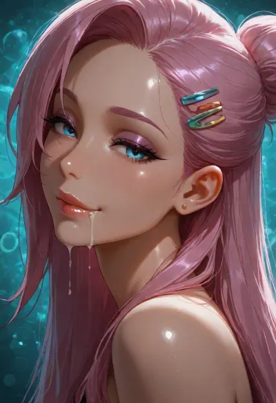 1girl, seraphine from KDA, hairclip, sidelocks tied back, solo, smiling, abstract background, aqua background, lips, looking at viewer, seductive, half-closed eyes, cum dripping from side of her mouth, <lora:SDXL high detailed. LoRA_SDXL_ARW_0010:1.5>, <lora:add-detail-xl:1.9>, <lora:dark:1.4>, <lora:Jeweled eyes-NAI:2>, <lora:SDXL Detail:1.3>