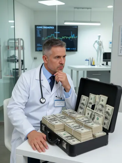 A photorealistic scene in a modern, high-tech private clinic, the clinic’s chief physician—a middle-aged man with short, graying hair, light stubble, and a pensive, serious expression—sits at a white desk wearing a white lab coat, beneath which a blue shirt and dark tie are visible. He wears a stethoscope around his neck and a name tag on his lab coat. The doctor gazes thoughtfully off into the distance as he counts the day’s revenue, his left hand under his chin and his right hand resting on the desk. Right in front of him on the desk stands a fully open black briefcase, filled to the brim with thick wads of U.S. dollars. The money is neatly arranged in even stacks, several wads lie inside the briefcase’s lid. Bright, clean lighting in a modern clinic, glass partitions, white walls, in the slightly blurred background, a large medical monitor displaying the words “CLINIC DIAGNOSTICS” and graphs. A sterile and upscale atmosphere. Highly detailed textures of the lab coat, skin, banknotes, and the case’s metal, realistic highlights, natural lighting from ceiling fixtures, cinematic lighting, photorealistic, ultra-detailed, masterpiece, best quality, sharp focus