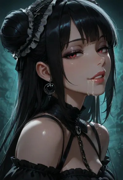 1girl, pastel gothic, sidelocks tied back, solo, smiling, abstract background, aqua background, lips, looking at viewer, seductive, half-closed eyes, cum dripping from side of her mouth, <lora:SDXL high detailed. LoRA_SDXL_ARW_0010:1.5>, <lora:add-detail-xl:1.9>, <lora:dark:1.4>, <lora:Jeweled eyes-NAI:2>, <lora:SDXL Detail:1.3>