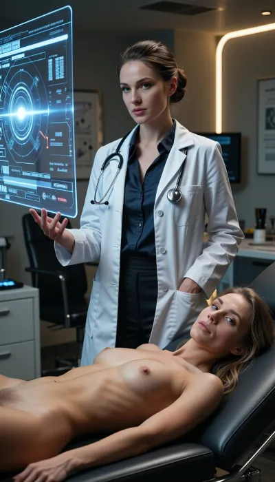 A deeply atmospheric, raw, and highly realistic cinematic photograph depicting the exact concept of "What does a doctor do in a modern clinic?". In the center of a prestigious, dimly lit clinical room, an exceptionally beautiful, elegant, and highly professional 30-year-old female doctor is actively conducting a complex medical diagnosis. Her posture is commanding, intellectual, and confident, exuding absolute authority and a subtle, magnetic charisma. She is captured in a medium close-up shot, standing next to a sleek, ergonomic patient examination table upholstered in premium charcoal leather.

She has striking, symmetrical facial features, refined bone structure, captivating and highly intelligent dark eyes, and her hair is styled in a flawless, sophisticated professional updo. She wears a premium, tailored medical uniform, a pristine, perfectly fitted white laboratory coat with silver buttons that is sharply adjusted to her slender and graceful silhouette, worn over a dark, elegant silk button-up shirt which is subtly open at the collar, highlighting her graceful neck. A minimalist, sleek digital stethoscope with a matte finish is draped professionally around her neck. Her hands are beautifully and anatomically drawn with perfect five-finger structure, with one hand gently suspended in mid-air, her fingertips interacting with a massive, glowing, holographic interface that floats in the foreground.

Resting quietly on the charcoal leather clinical examination table in the foreground is a beautiful healthy female subject, completely naked, lying in a relaxed reclining position. She has beautiful firm breasts, showing soft, smooth skin textures. Her long hair cascades softly over the edge of the headrest, and her facial expression is calm and peaceful, with her beautiful, clear eyes wide open. The glowing blue and amber light from the floating holographic diagnostic screen washes over her bare skin and reflects softly in her eyes. The background reveals the highly sophisticated interior of a state-of-the-art modern clinic, with clean architectural lines, recessed warm LED ambient lighting, and high-end medical equipment, all softly blurred to create a beautiful, shallow depth of field. There are no sci-fi fantasy elements, no random people, and no floating artifacts. The lighting is a masterpiece of contrast, combining the cool, high-tech illumination of the floating screens with a soft, natural golden key light coming from an unseen window, highlighting the rich, detailed textures of skin, the fine fabric of the coat, the leather of the table, and the brushed-metal surfaces of the clinic. Captured with a professional 85mm lens, presenting a clean, respectful, and visually arresting aesthetic with absolute anatomical accuracy.