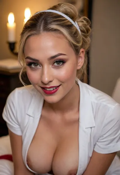 20 year old blond haired woman, deeply tanned brown skin, shy embarrassed smile, heavy eyelids, eyes downcast, eyes half closed, submissive, full dark red lips, prominent cupids bow lips, shiny lipgloss, hair in low messy bun, (eyeliner, winged eyeliner, detailed dark eyeshadow, flushed cheeks), nurse uniform, breasts out, nipples, breasts exposed, (candlelight), view from above, kneeling, douyin, makeup, highborn, pure, lust, golden, smoke, see, the, description, <lora:makeup_master_base_sdxl_v1:.8>