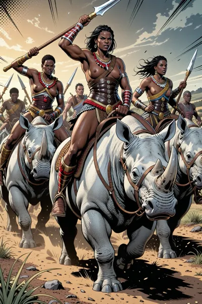 A fierce squad of Zulu female warriors, ethnically diverse with dark skin and athletic builds, ride atop powerful white rhinos. They are depicted in the dynamic, bold style of Marvel comic books, with sharp lines and vibrant colors. The warriors, aged 20-35, are clad in stylized, reinforced leather armor adorned with traditional Zulu beadwork in crimson and gold. Their poses are assertive, with some gripping spears aloft, others adjusting reins, conveying readiness and authority. Each warrior's face expresses determined focus and unwavering courage, eyes locked forward. The rhinos, with their thick, textured grey hides, lumber forward with muscular power, their horns gleaming. They are charging across a dusty savanna landscape under a dramatic, high-contrast sky, rendered with comic book shading. Sunlight casts sharp, defined shadows. The composition is a medium-wide shot, emphasizing the unified force of the warriors and their mounts. The atmosphere is heroic and action-packed, with an underlying sense of cultural pride and strength. Subtle panel lines and halftone dots enhance the comic book aesthetic.