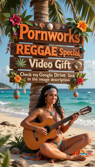 Fantasy setting, CGI render with imperfections, saturated orange and bronze colors style, ultra-photorealistic expedition photograph look, High color saturation, Ultra realistic cinematic editorial beach photography, golden hour on a breathtaking Caribbean beach, a massive handcrafted wooden sign occupies more than half of the entire image, hanging securely from a tall palm tree, richly decorated with tropical flowers, lush green plants, palm leaves, colorful Caribbean ornaments, subtle cannabis leaves, seashells, and natural island decorations, the first line reads **Pornworks** in large raised orange wooden letters individually nailed onto the sign, creating realistic depth and exquisite wood texture, the second line reads **REGGAE Special** in large painted orange lettering, the third line reads **Video Gift** in elegant warm white or soft beige lettering, the fourth and fifth lines read **Check my Google Drive link in the image description** in large beautifully painted lettering, beneath the sign a beautiful 25 years old Caribbean woman with a very slim athletic figure sits cross legged against the palm tree while playing an acoustic guitar, long black dreadlocks gently flowing in the warm ocean breeze, bronzed dark glowing skin with extraordinary pore level detail, oiled skin, expressive dark seductive eyes, a radiant welcoming smile with perfectly white teeth, colorful bohemian hippie clothing with artistic island style, lightweight revealing summer fashion, a patterned headband, handcrafted jewelry, relaxed joyful expression, late afternoon sunlight casting warm golden orange highlights across her face, hair, clothing and the wooden sign, crystal clear turquoise ocean softly blurred in the background, incredibly detailed textures of skin, fabric, wood grain, carved letters, flowers and tropical foliage, ultra realistic lighting, premium composition, shallow depth of field, 8K photorealism, masterpiece quality, razor sharp focus, rich natural colors, authentic Caribbean atmosphere