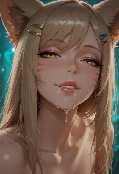 1girl, ahri from KDA, hairclip, sidelocks tied back, solo, smiling, abstract background, aqua background, lips, looking at viewer, seductive, half-closed eyes, cum dripping from side of her mouth, <lora:SDXL high detailed. LoRA_SDXL_ARW_0010:1.5>, <lora:add-detail-xl:1.9>, <lora:dark:1.4>, <lora:Jeweled eyes-NAI:2>, <lora:SDXL Detail:1.3>